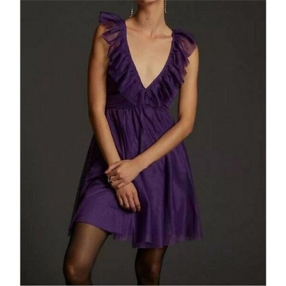 NWT Maeve Ruffled Purple Tulle Mini Dress| Size M - Picture 1 of 10